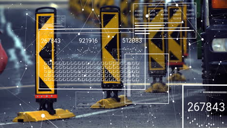 animación de procesamiento de datos digital que superpone barreras de tráfico en una carretera concurrida