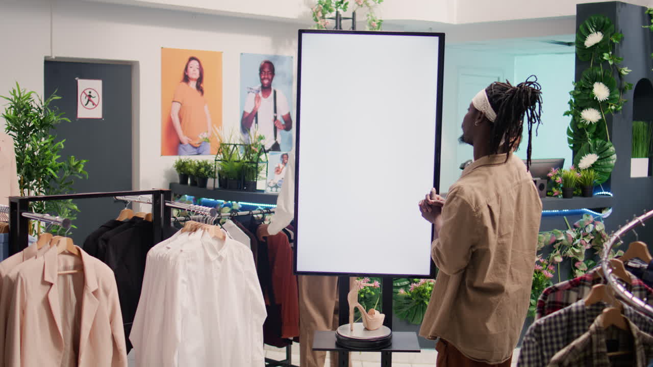 Man uses mockup AR kiosk in thrift shop