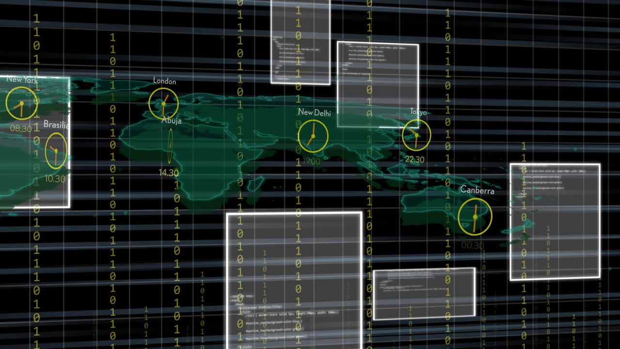 mapa del mundo con relojes que muestran diferentes zonas horarias y animación de código binario