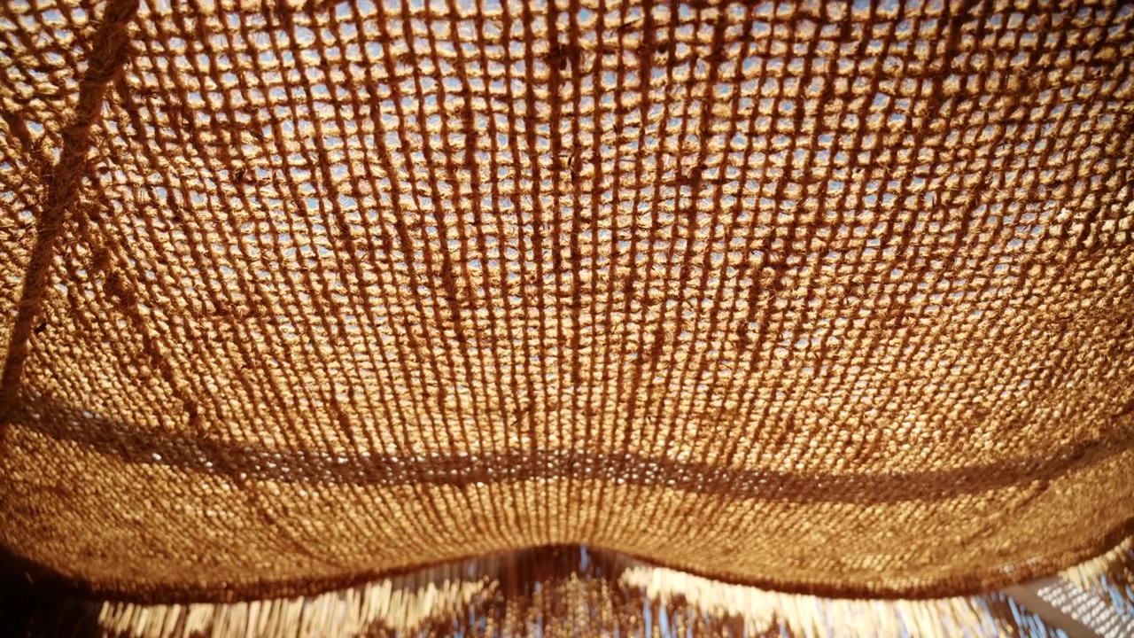 Primo piano dal basso di una tettoia in paglia intrecciata, illuminata dalla calda luce del sole.