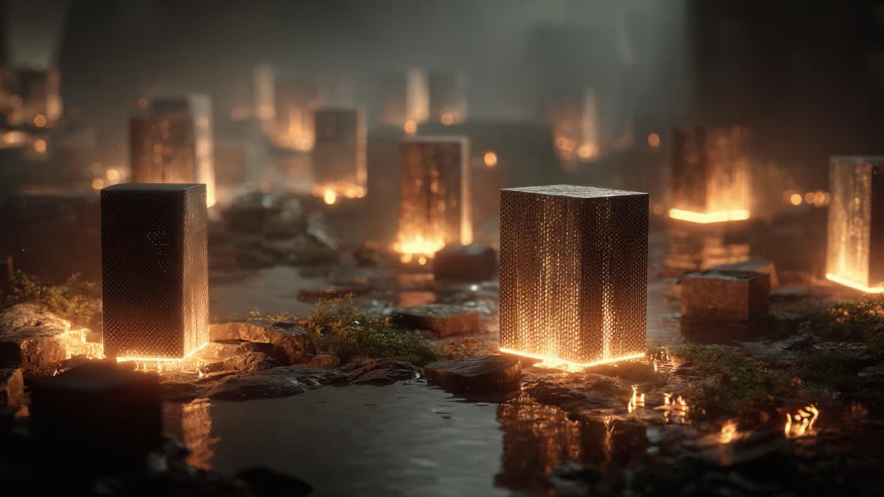 Ethereal Landscape with Illuminated Cubes Reflecting in a Misty Environment, Creating an Enigmatic Atmosphere Filled with Mystery and Intrigue