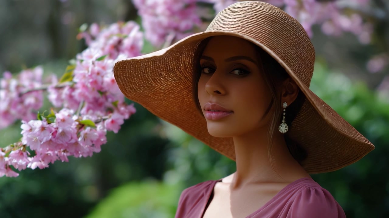 Une belle femme portant un grand chapeau de paille, entourée d'arbres en fleurs, rayonnant de joie et d'élégance dans un jardin printanier vibrant