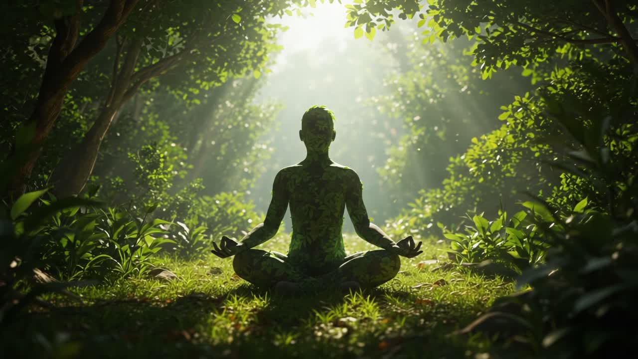 A Serene Figure Meditates in a Lush Green Forest, Surrounded by Sunlight and Nature's Tranquility, Emanating Peace and Harmony with the Environment
