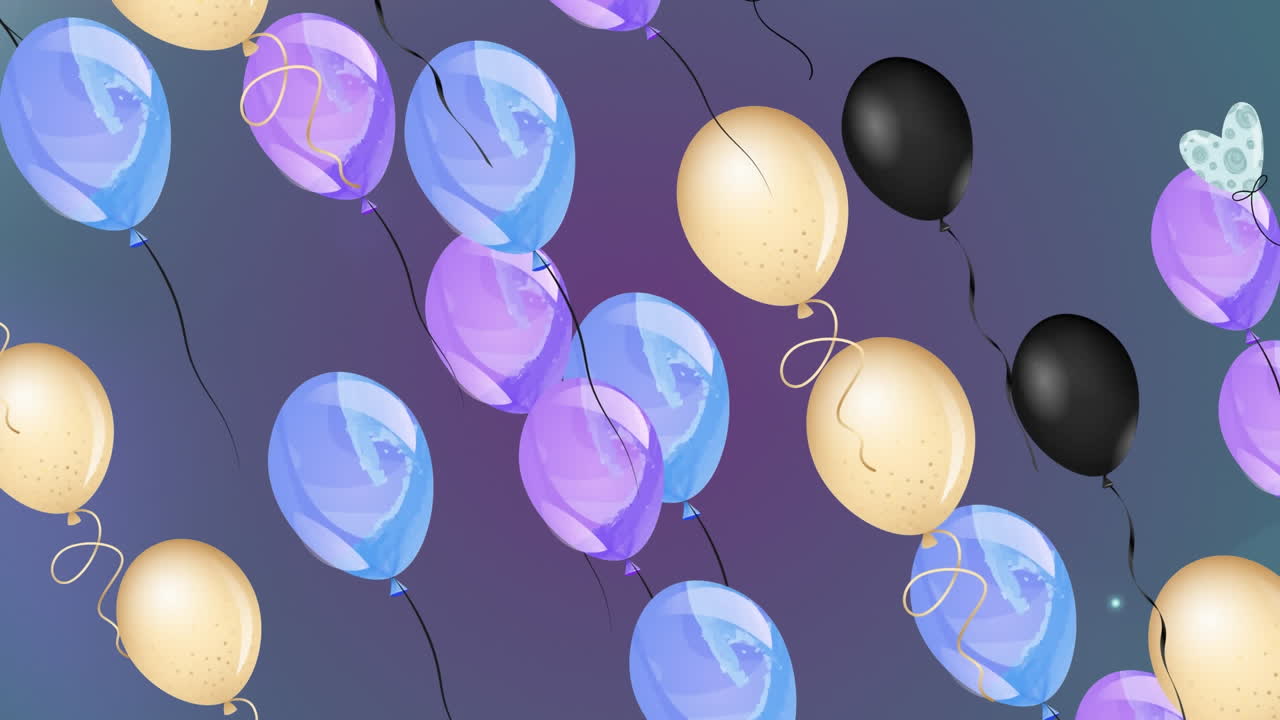 animación de globos de colores que vuelan sobre un fondo azul oscuro