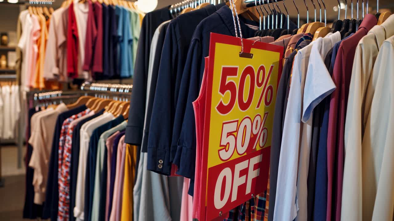 Video showcasing a clothing store sale with a 50% off sign
