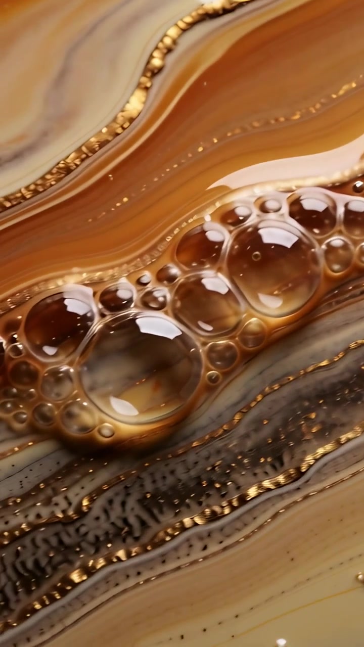 Video verticale: Bolle che si raggruppano su un fluido cremoso color ambra con la telecamera che zooma per rivelare l'oro.