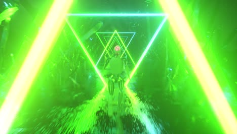 robot in a neon glowing triangle tunnel