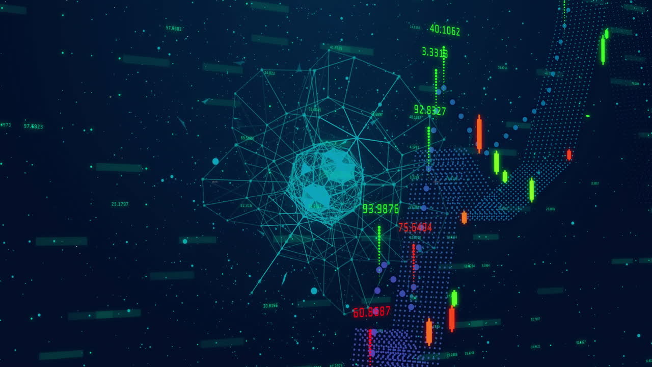 Financial data and stock market analysis animation over digital network visualization