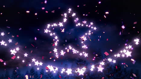 animation of confetti falling and star fairy lights over blue background