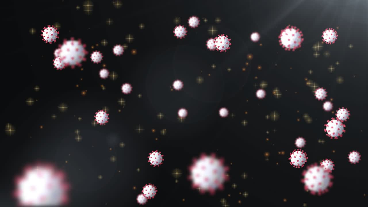 When faint light streak emerging, spiky spheres drifting while golden flecks twinkling in dark void