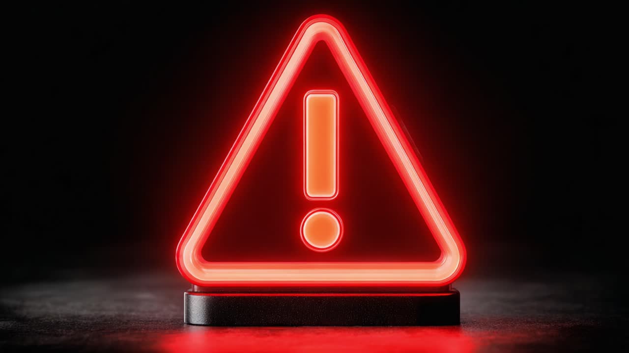 A striking red triangular warning sign with an exclamation mark illuminates the dark background, emphasizing a sense of caution and alertness in this visually captivating representation