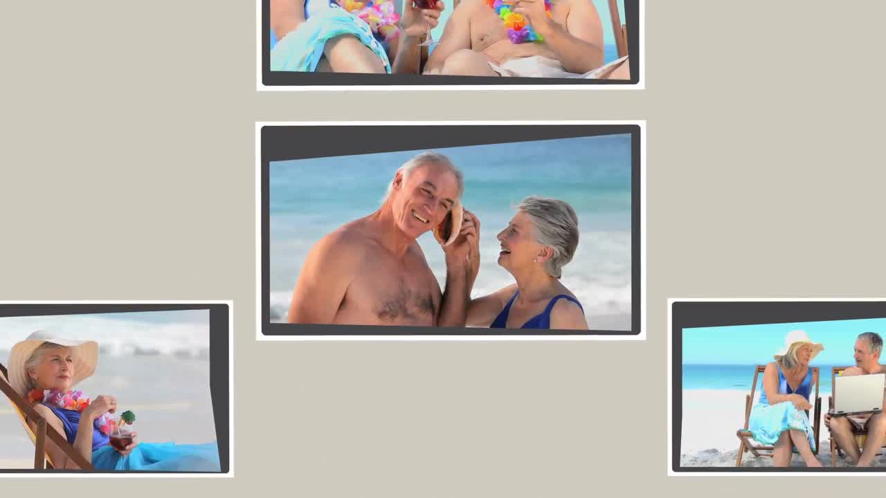 montaje de parejas maduras relajándose en la playa