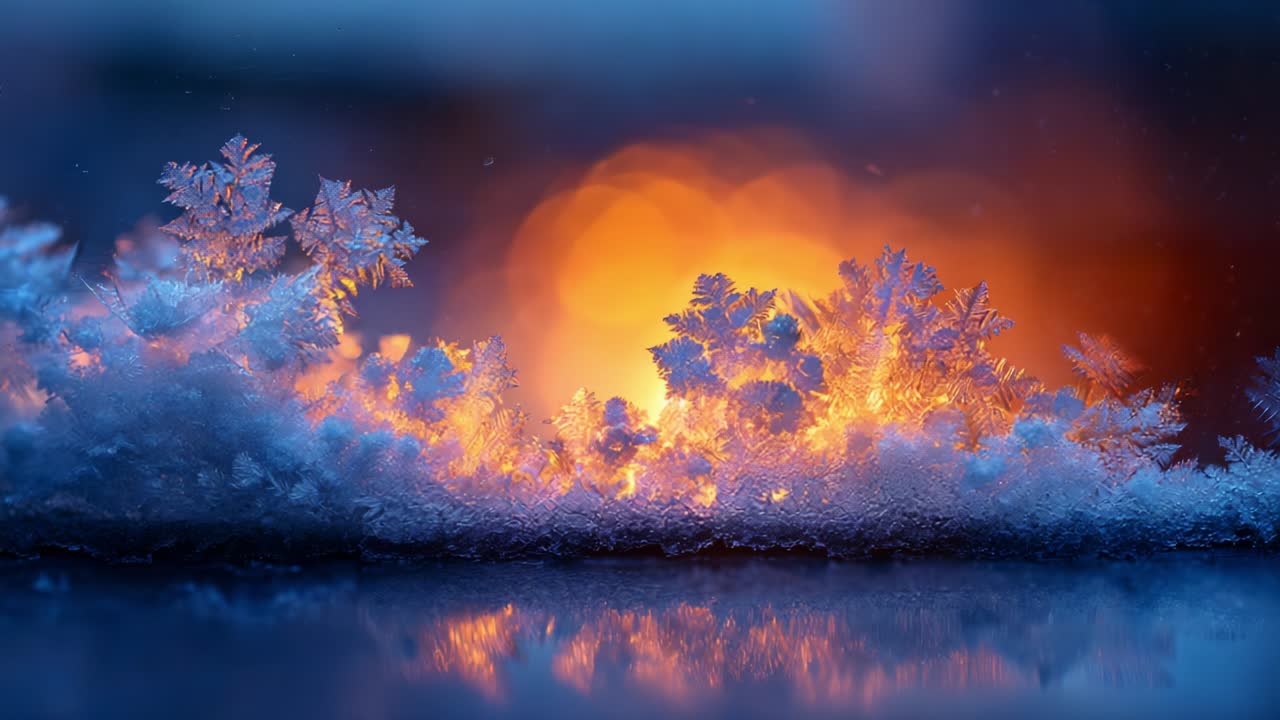 A breathtaking view of intricate ice crystals and shimmering frost illuminated by warm, glowing light, creating a mesmerizing contrast of cold and warmth that captivates the natural beauty of winter