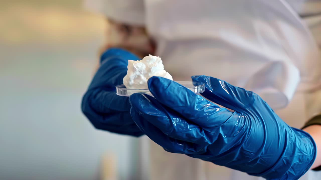 Gloved hand holds a petri dish containing white fluffy biological culture in a research lab