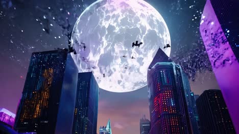 futuristic cityscape with full moon and flying bats