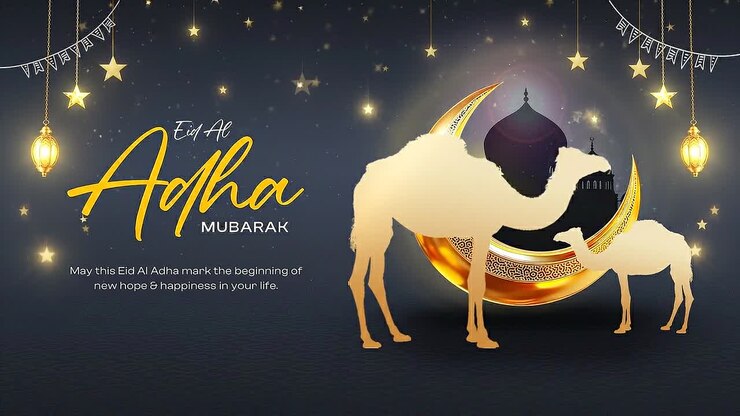 Auguri di Eid al-Adha Mubarak con Cammelli, Luna e Moschea