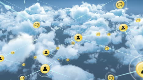 animación de redes de conexiones con iconos en el cielo