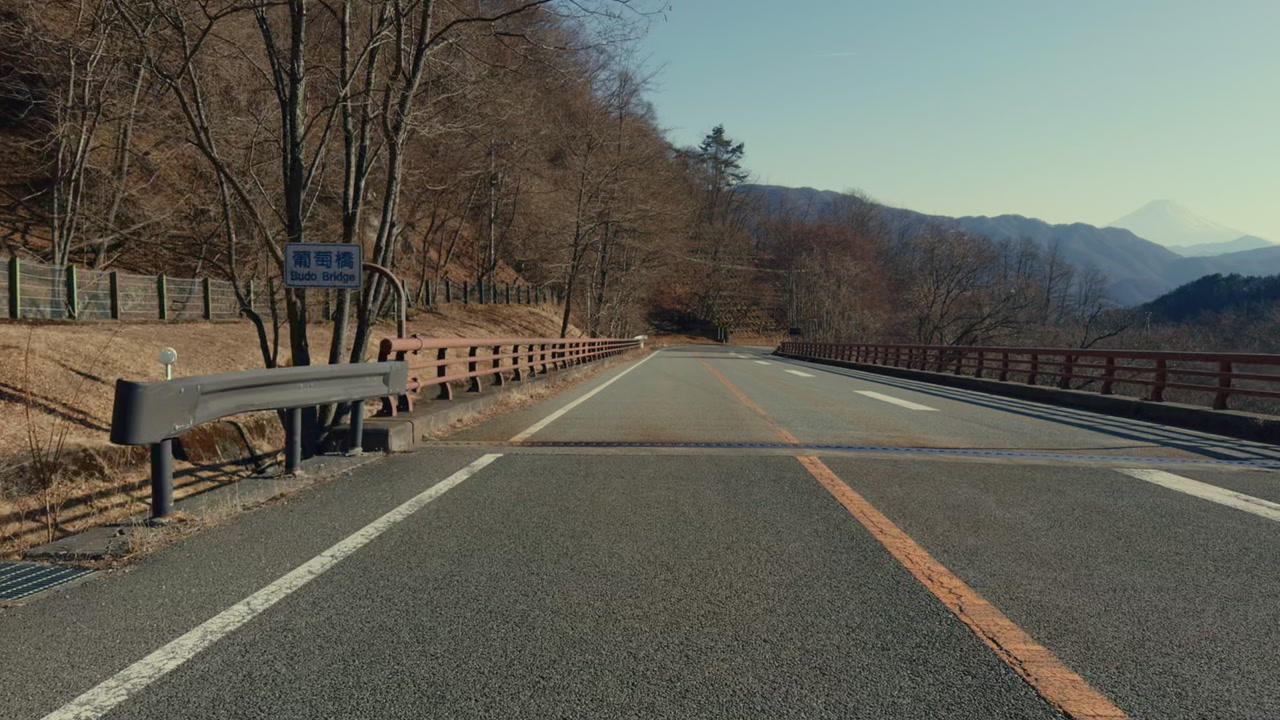 Scenic countryside road in Japan captured from car moving through local village area