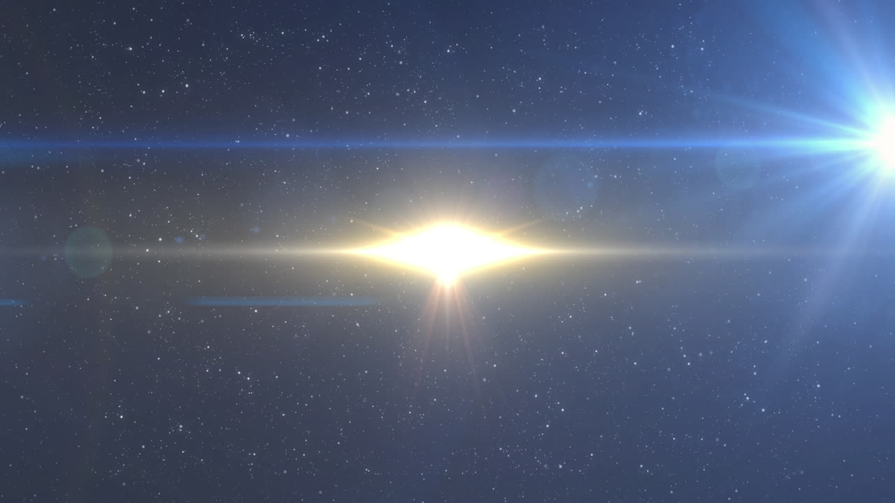 보라색 배경에 빛의 반점 위에 움직이는 반이는 파란색과 노란색 불빛의 애니메이션