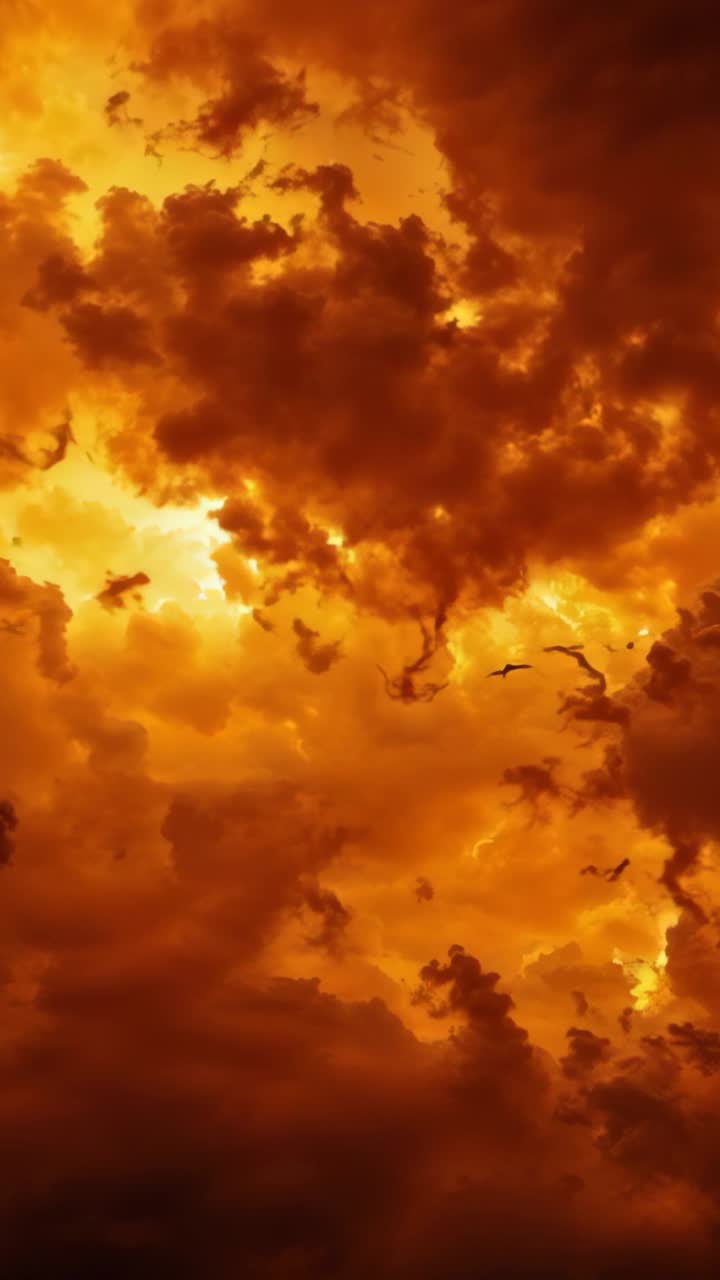Vertical video: Flashing clouds glowing, shifting through red gold sky, with drifting birds