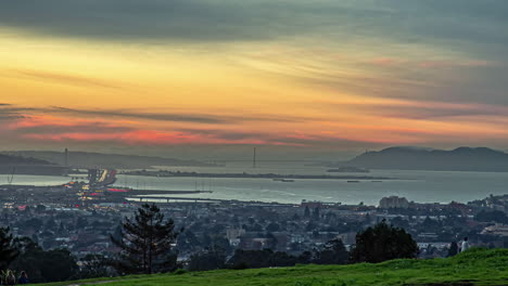 Static-shot-over-San-Francisco-downtown-city-and-bay-area-with-heavy-traffic-movement-in-timelapse-at-dusk