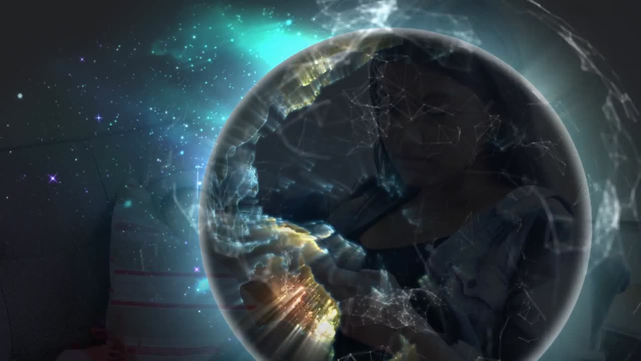 인간 실루 ⁇ 과 함께 해군 배경 위에 연결과 지구의 애니메이션