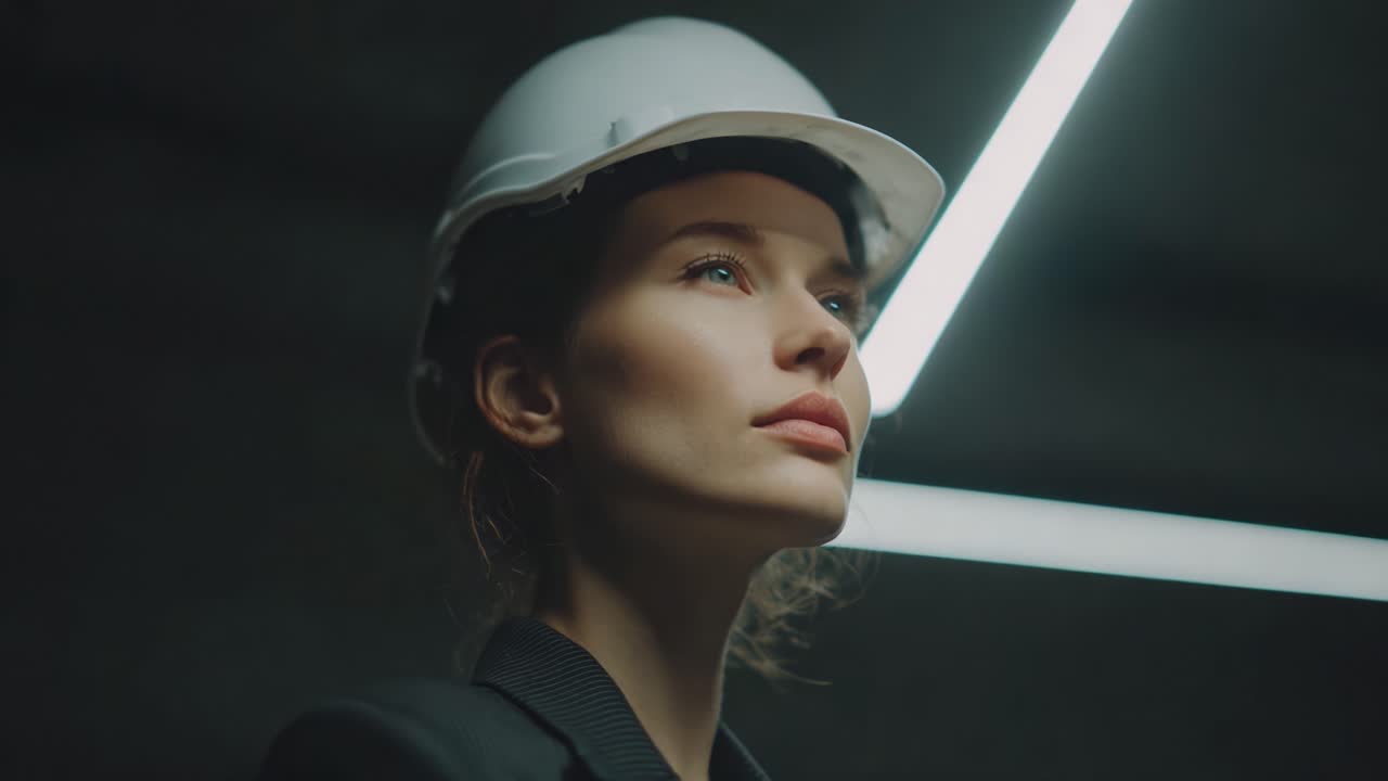 Una donna forte e determinata con un cappello, in piedi sotto luci intense, incarna sicurezza e professionalità in un ambiente contemporaneo