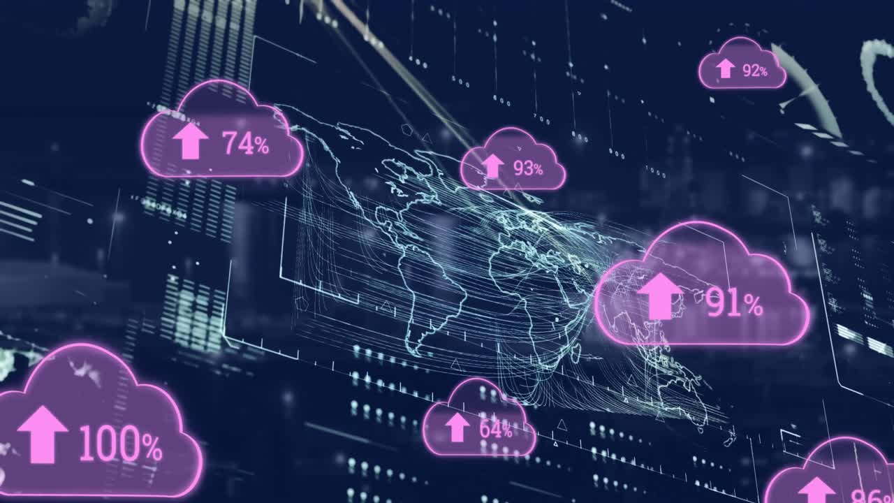 animación de nubes con números crecientes sobre el procesamiento de datos en fondo negro.