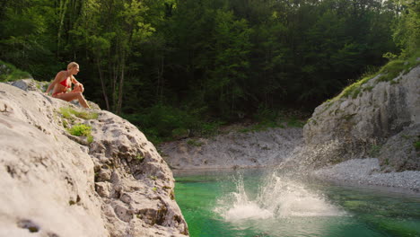 Friends,-jump-and-lake-on-travel-holiday