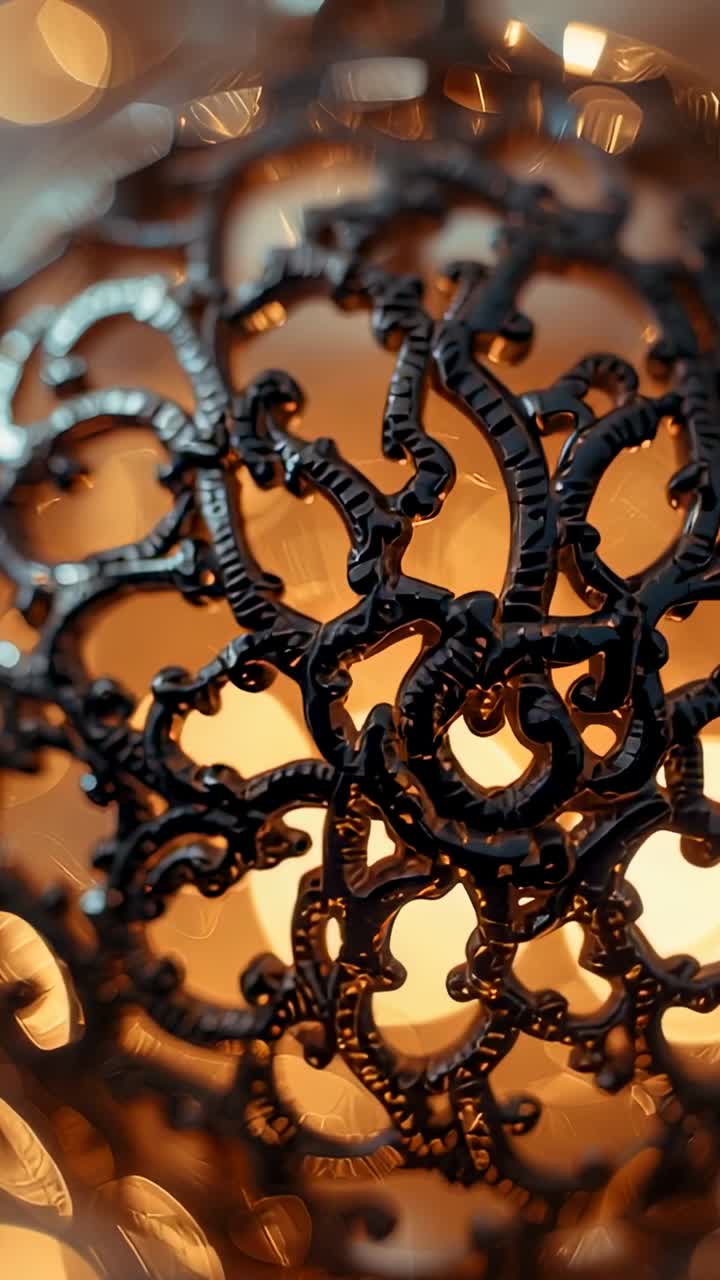 Vídeo vertical: câmera giratória com foco em esfera de filigrana de metal em escritório, revelando padrão