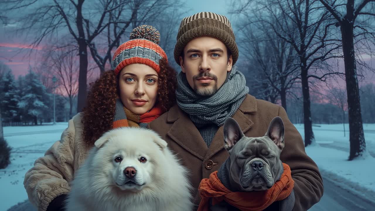 Posing couple wearing winter coats holding Samoyed and French bulldog on snowy park path at dusk