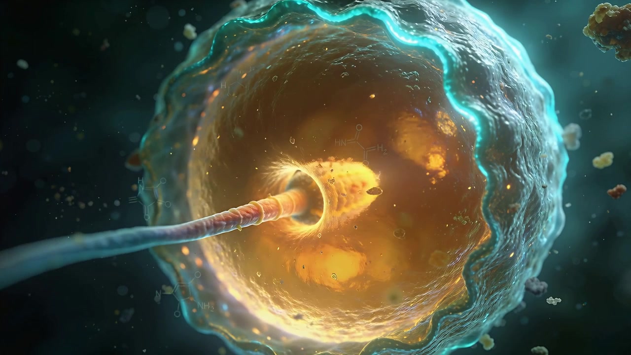 Swimming sperm cell entering from left and penetrating oocyte in lab medium to fertilize