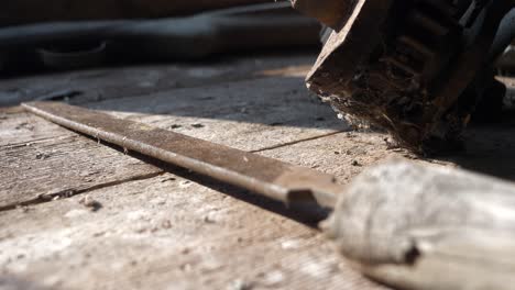 Carpenters-File-Tool-Laying-on-Bench,-Close-Up