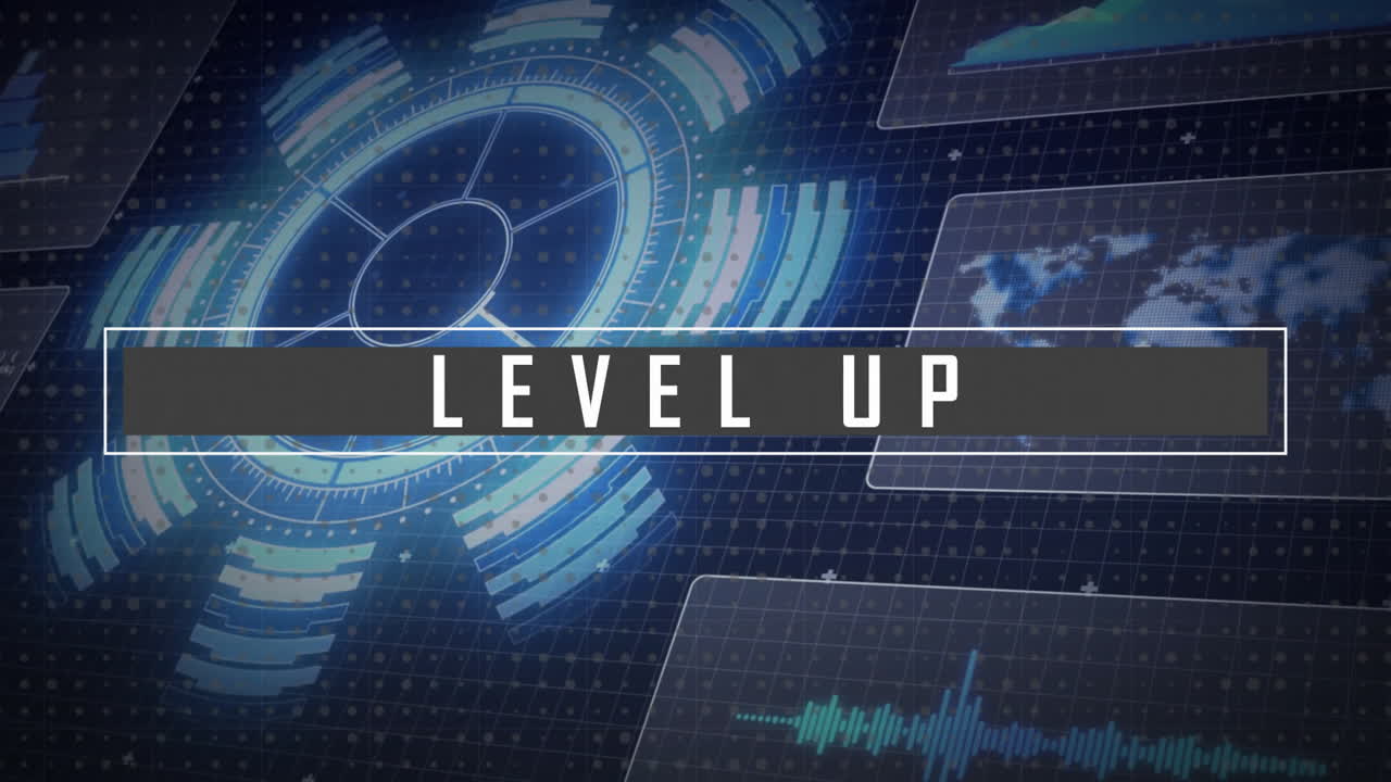 검은색 배경에 스 스캔과 함께 데이터 처리를 통해 레벨 업 텍스트의 애니메이션