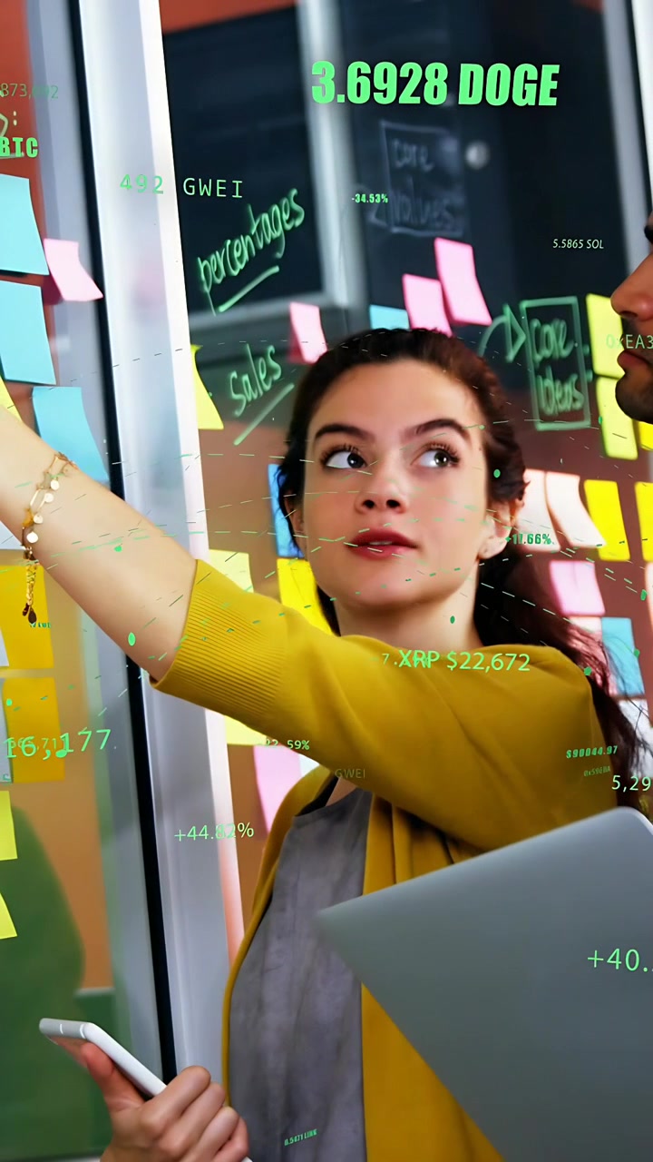 Video vertical: Mujer revisando el teléfono, alcanzando un tablero, moviendo notas de planificación, números de criptomonedas creciendo