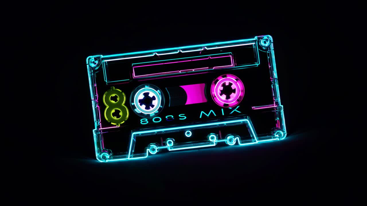 Cassetta a nastro illuminata al neon con la scritta '80s mix', fotografata frontalmente.