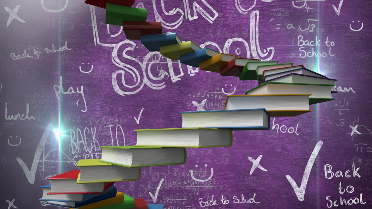 In school, animation of stacked books forming staircase over chalkboard with text