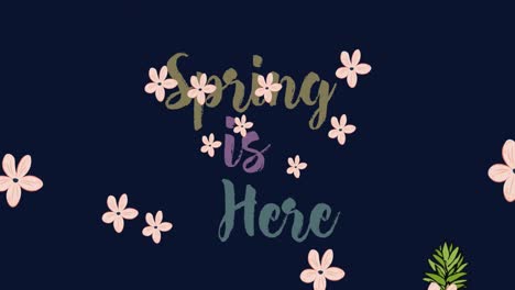 animation of flowers and falling pineapples with spring is here text over black background