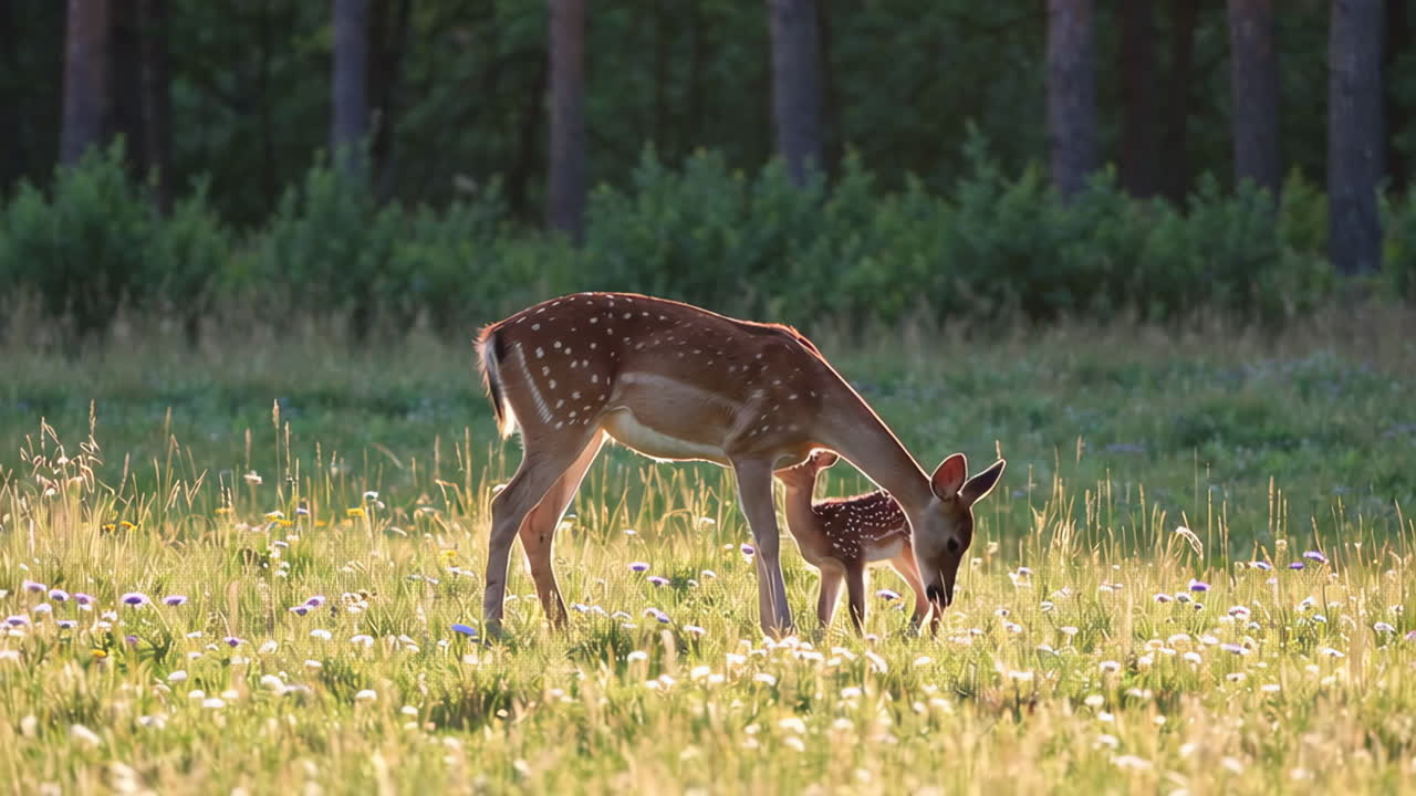 Mother Deer and Baby in Meadow
