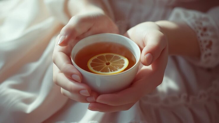 Opening shot showing hands in lace sleeve adjusting white tea cup on linen, revealing lemon slice