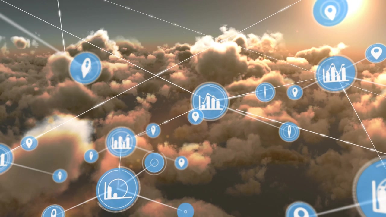 Animazione di una rete di connessioni con icone su un cielo con nuvole