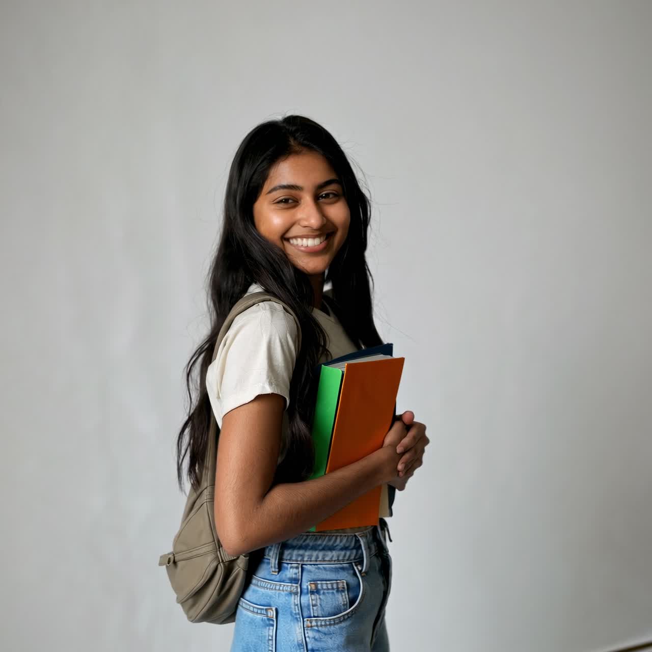 Ritratto di uno studente sorridente che tiene in mano dei libri, catturato ad altezza occhi