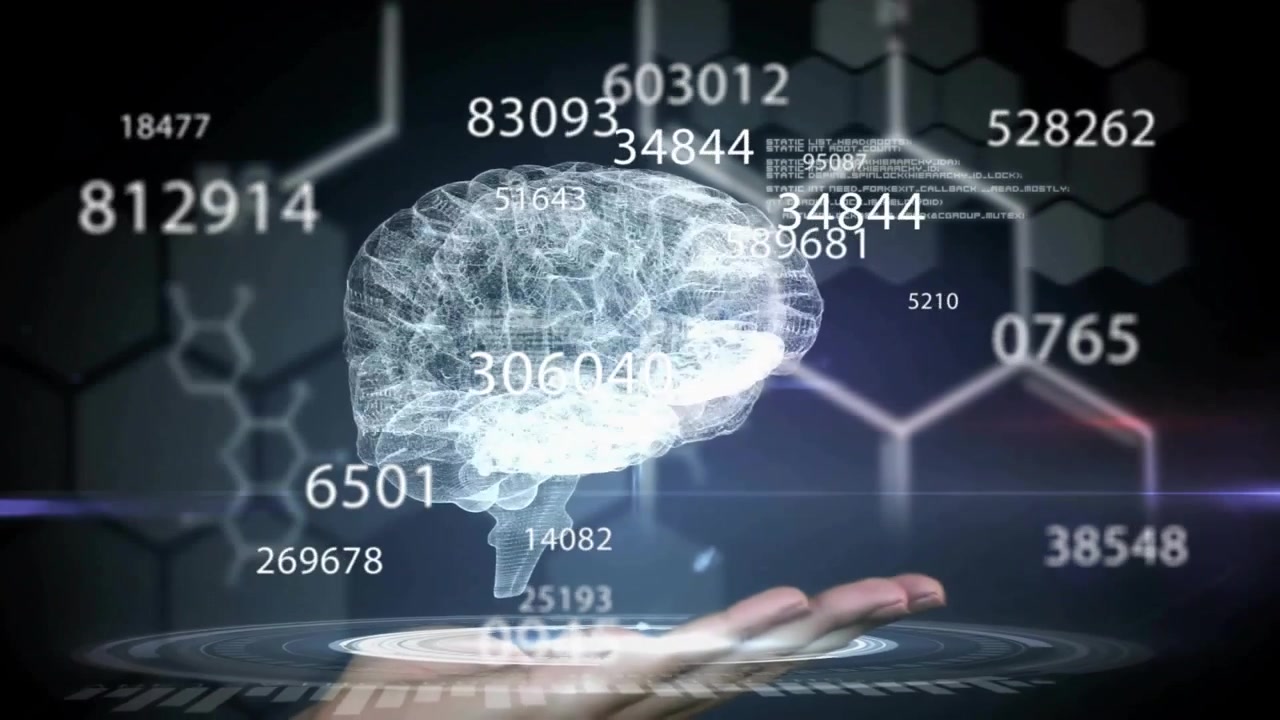 Hand appearing initiating wireframe brain projecting neural data, numbers orbiting rotating brain