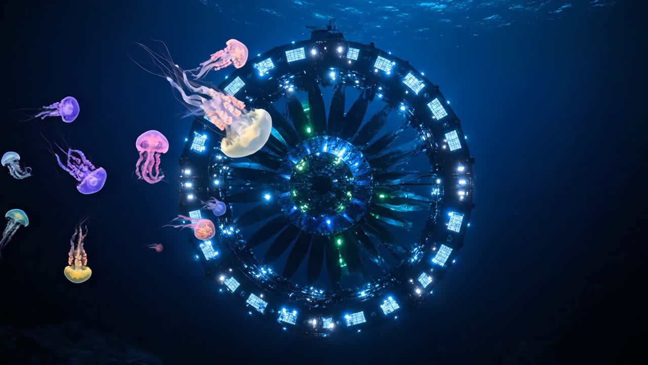 Underwater Scene with Jellyfish and Futuristic Structure
