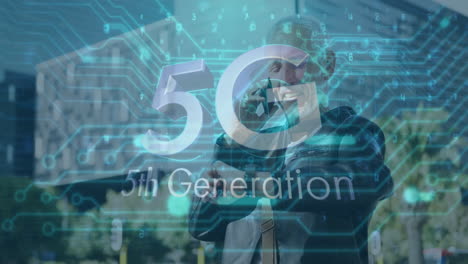 5g technology animation over person using smartphone and smartwatch outdoors