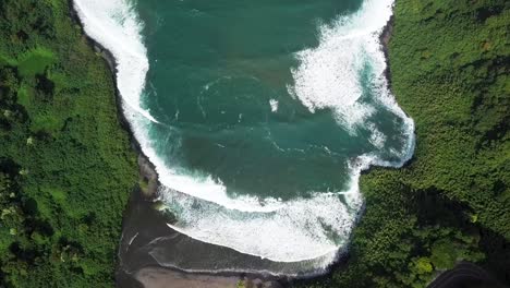 aerial view of ocean waves crashing on a lush coastal bay