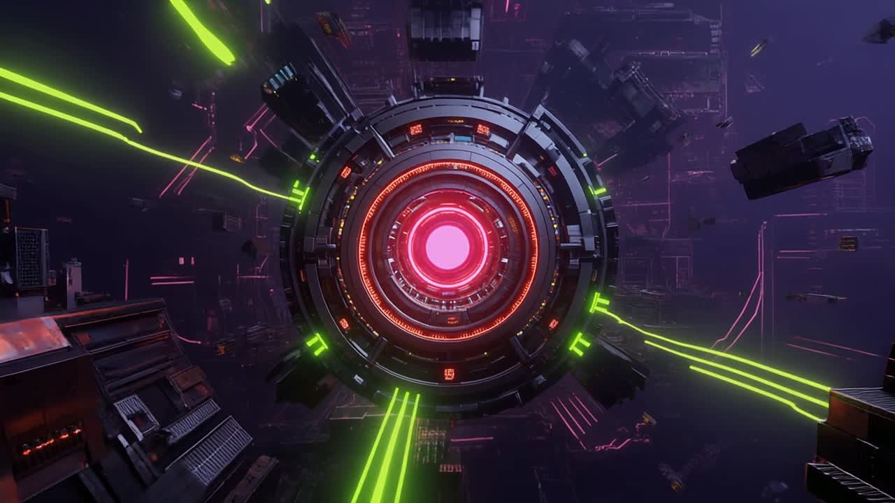Nucleo di portale sci-fi futuristico con luci al neon rotanti nello spazio buio