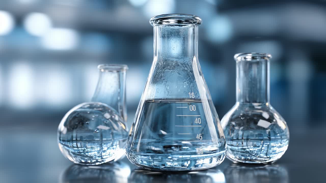 Un'affascinante disposizione di vetreria da laboratorio che mostra vari becher riempiti con liquido trasparente, perfetta per la sperimentazione e l'analisi scientifica nella chimica moderna