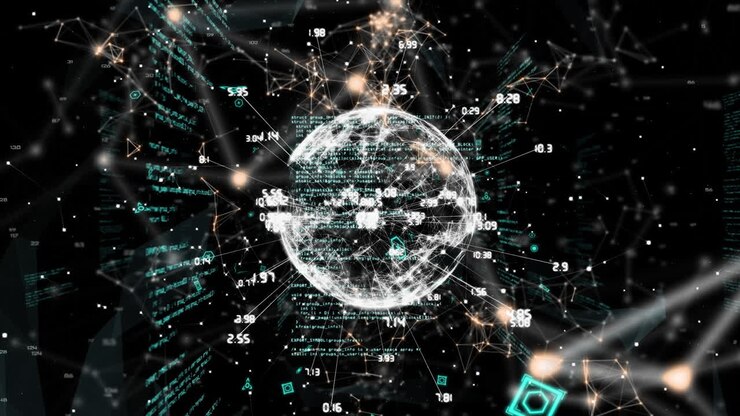 Globe of network of connections against data processing on black background