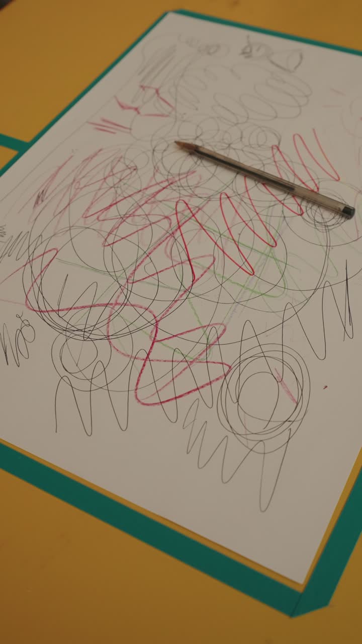 Vertical close up of playful scribbles and pencil on drawing paper